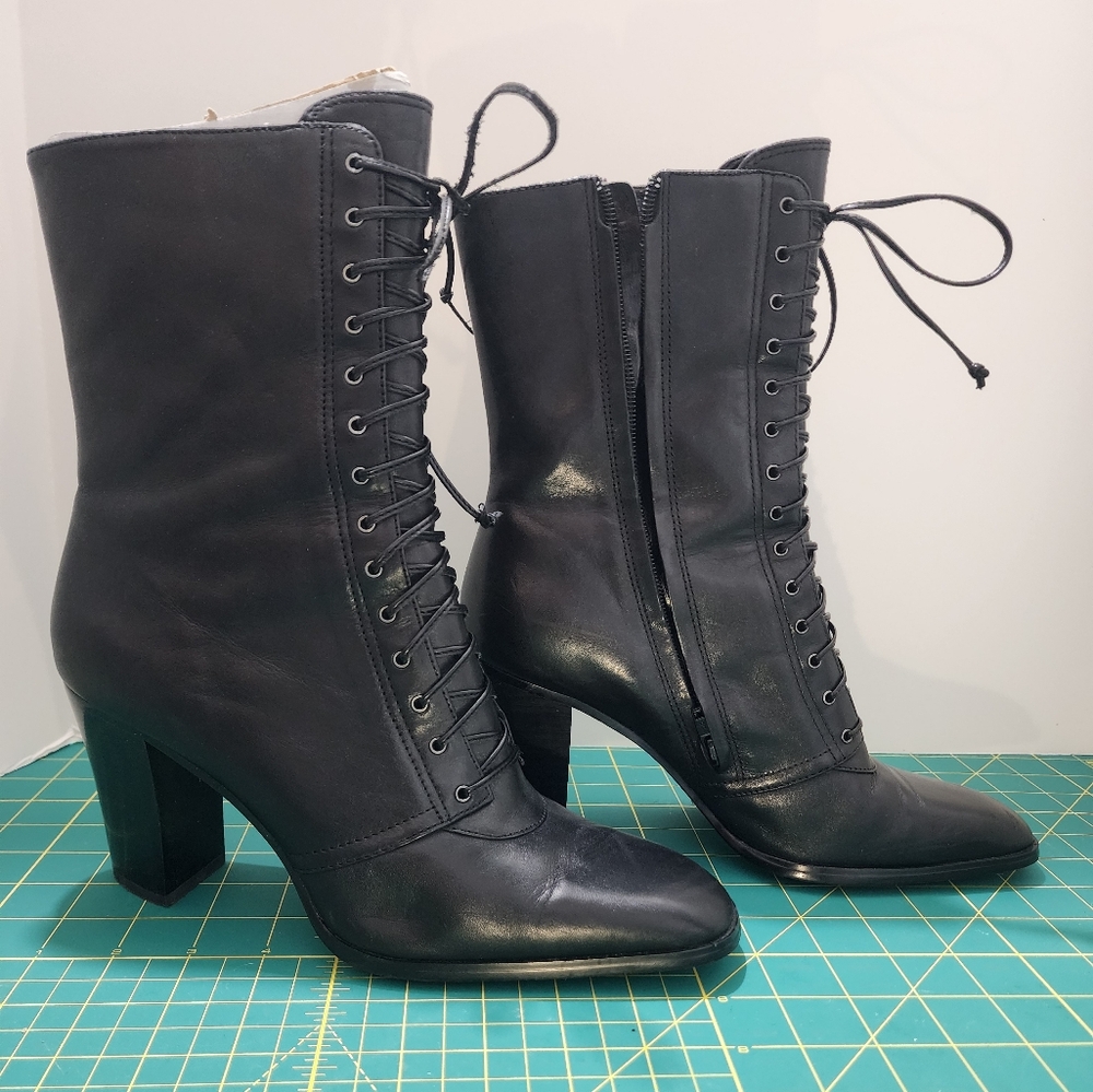 Vintage 90s Steampunk Granny Punk Black Leather Lace-up Heeled Ankle Boots 9 - Picture 2 of 8